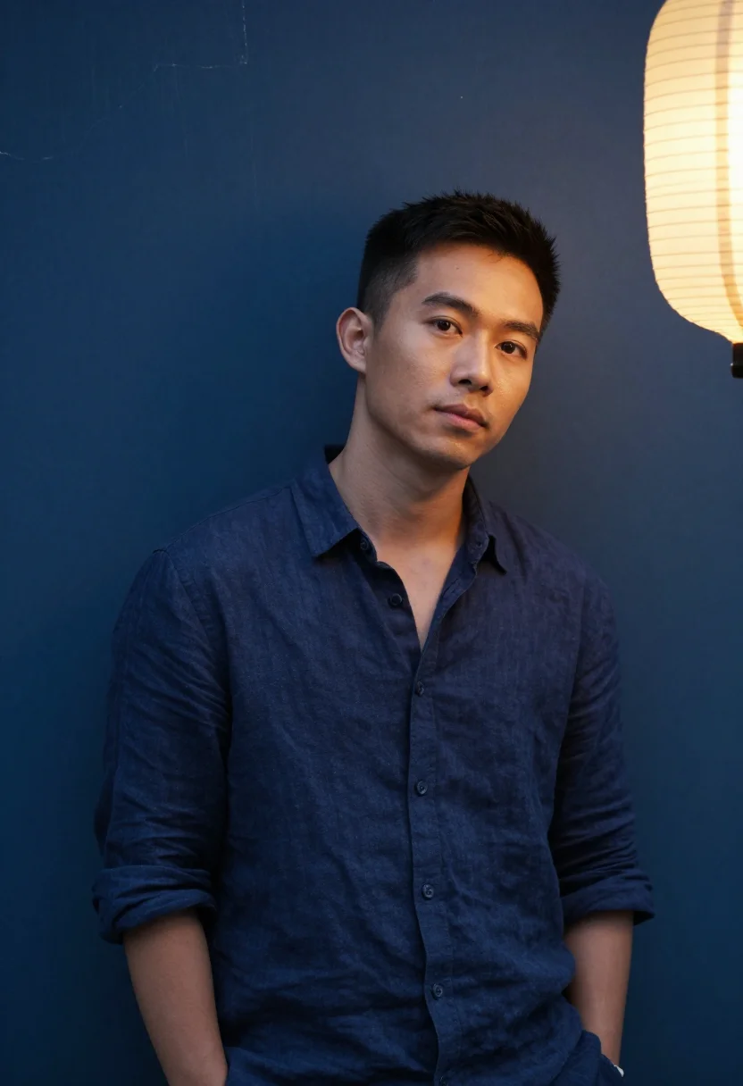 AI bon om touk phnom penh navy sample — portrait of a man, framed tight, head and shoulders, the bod