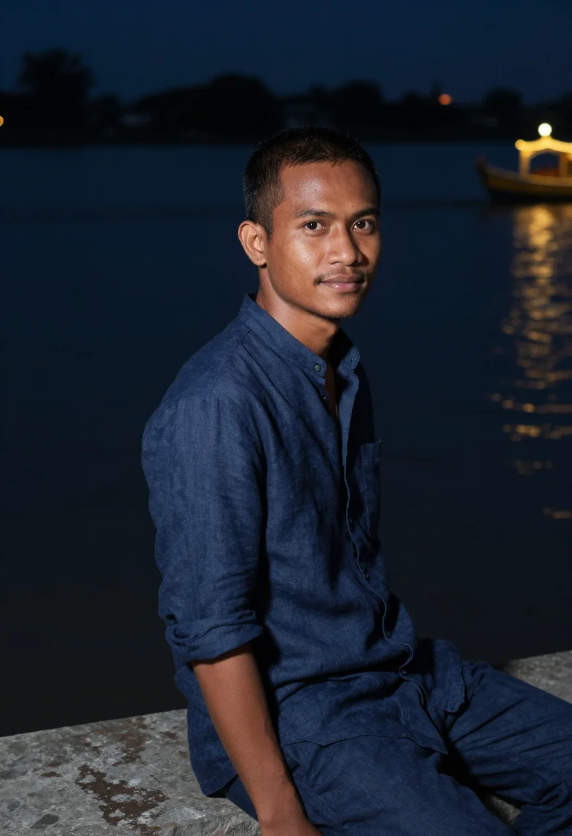 AI bon om touk phnom penh navy sample — portrait of a man, framed tight, head and shoulders, the bod