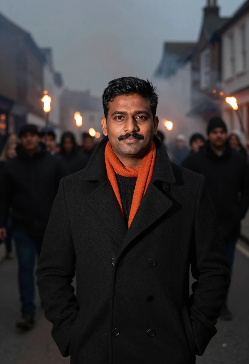 AI bonfire night lewes ember sample — portrait of a man, framed from the waist up, a South-Asian m