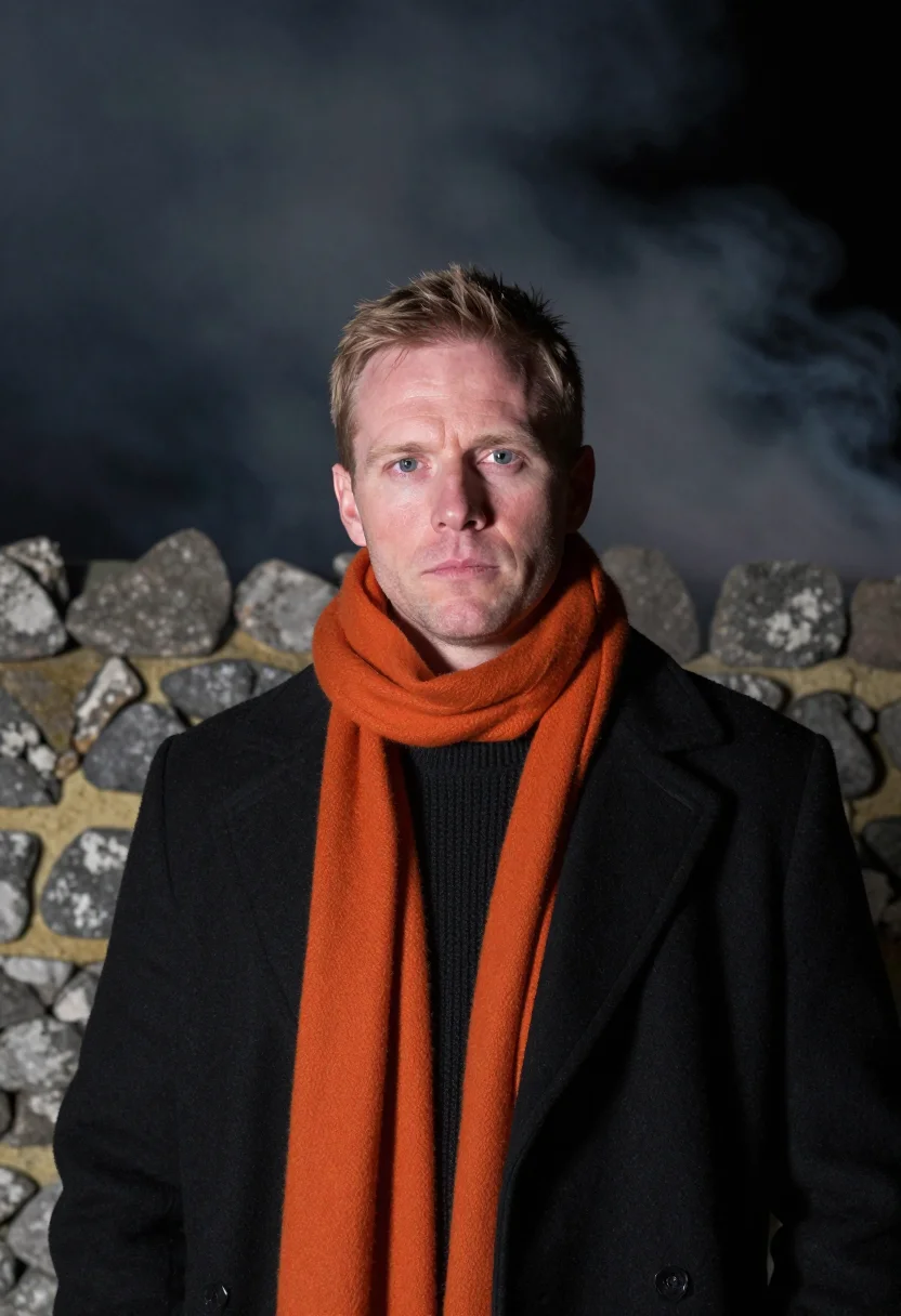 AI bonfire night lewes ember sample — portrait of a man, framed tight, head and shoulders, a Weste