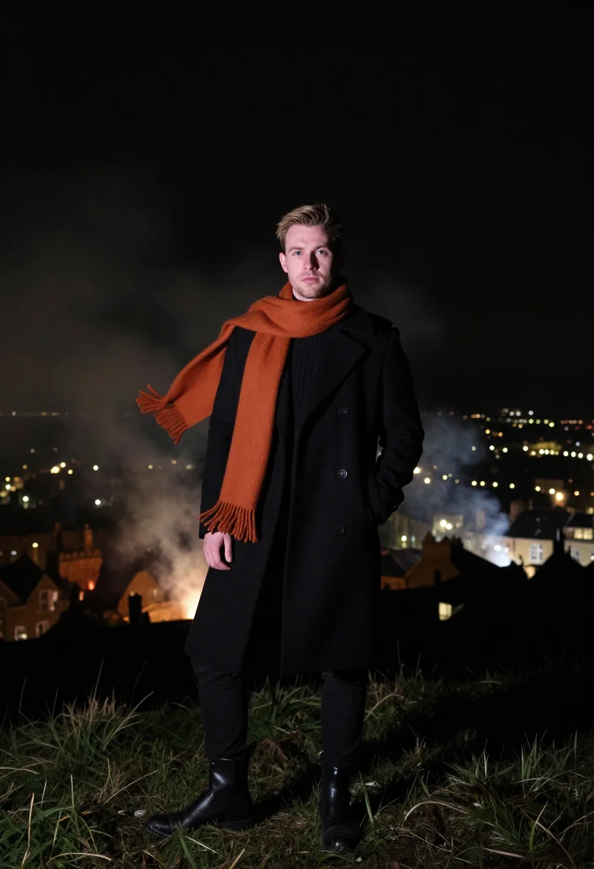 AI bonfire night lewes ember sample — portrait of a man, framed full-length, head to boots, a West