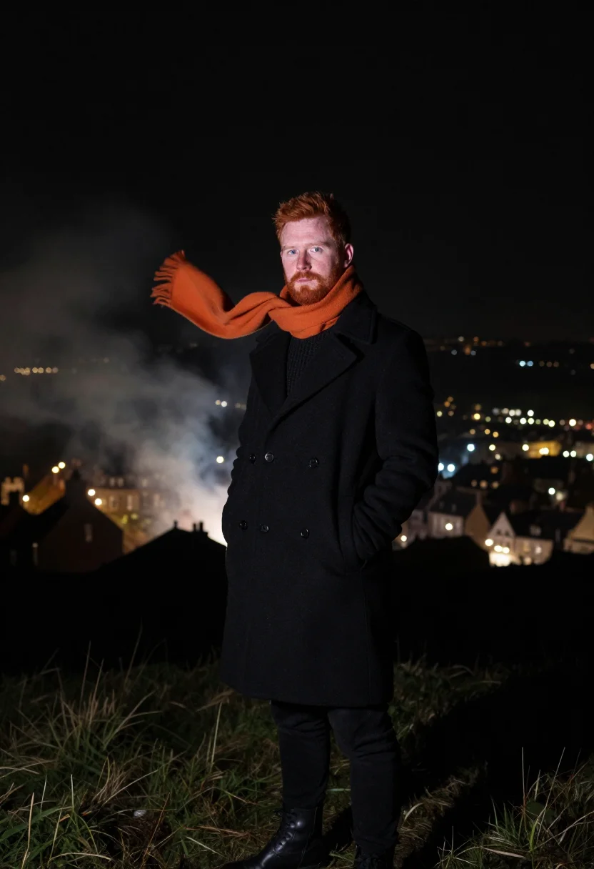 AI bonfire night lewes ember sample — portrait of a man, framed chest-up, an Irish man in his thir