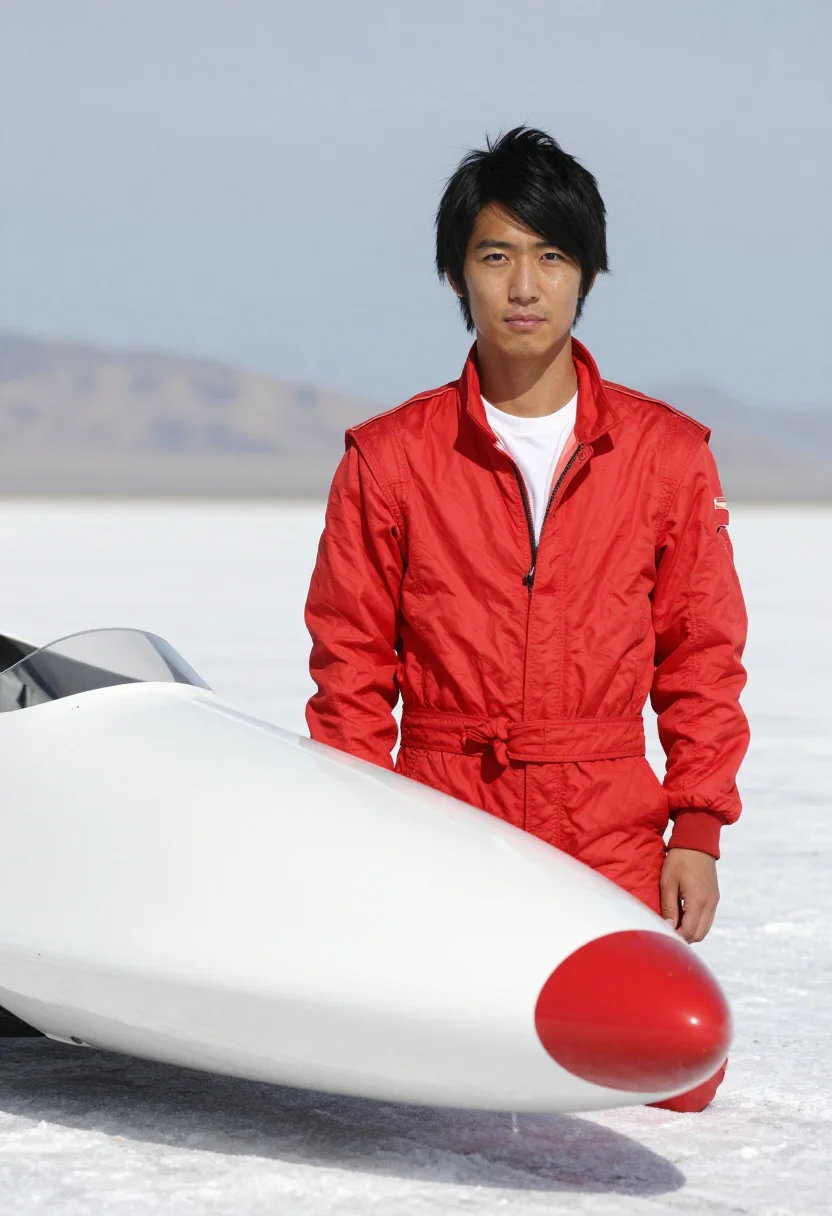 AI bonneville salt flats racer sample — portrait of a man, in his mid-thirties, Japanese-American, w