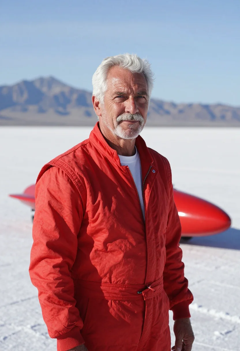 AI bonneville salt flats racer sample — portrait of a man, in his late fifties, with weathered tanne