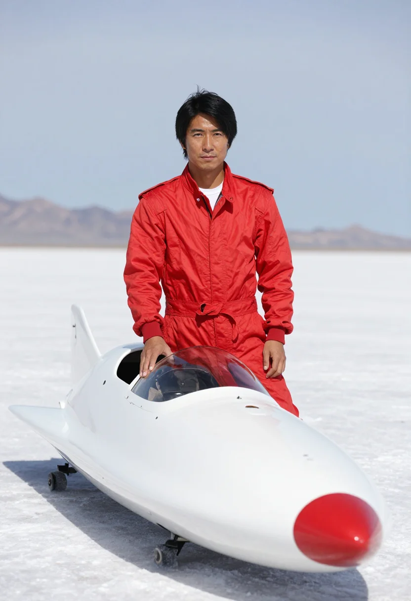 AI bonneville salt flats racer sample — portrait of a man, in his mid-thirties, Japanese-American, w