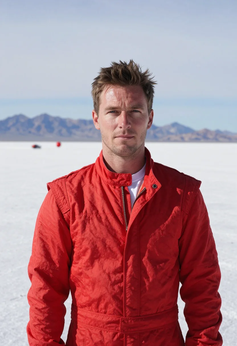 AI bonneville salt flats racer sample — portrait of a man, in his early forties, with fair sun-redde