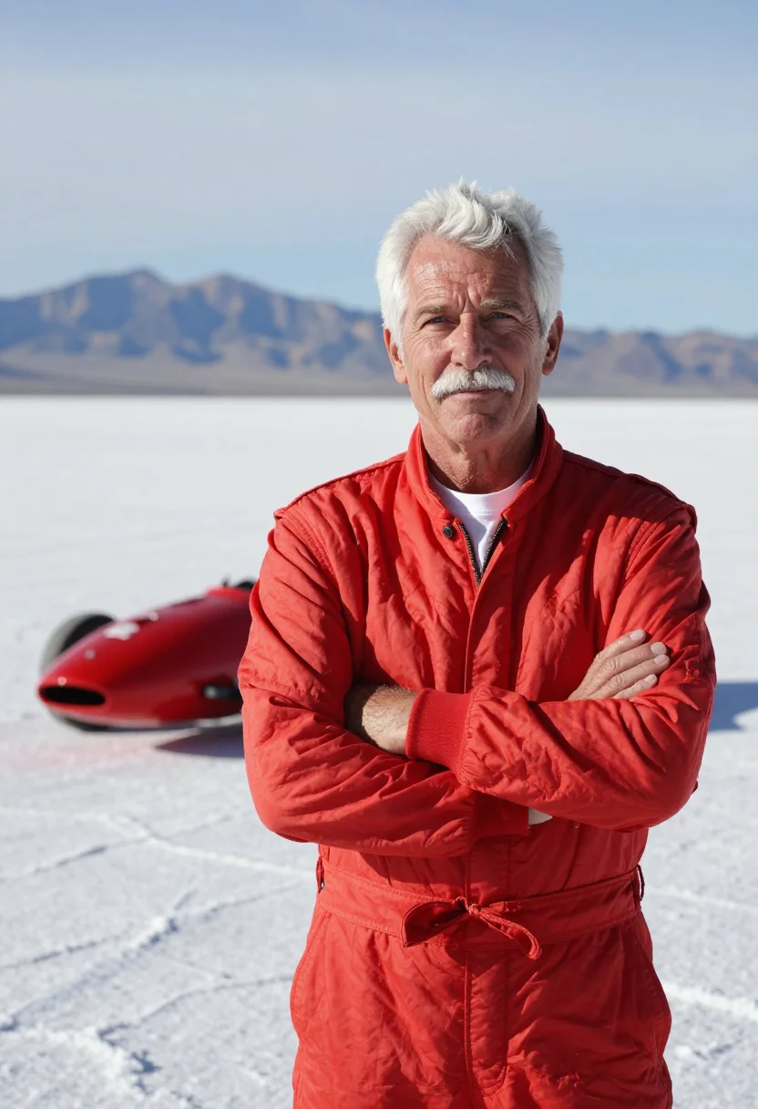 AI bonneville salt flats racer sample — portrait of a man, in his late fifties, with weathered tanne
