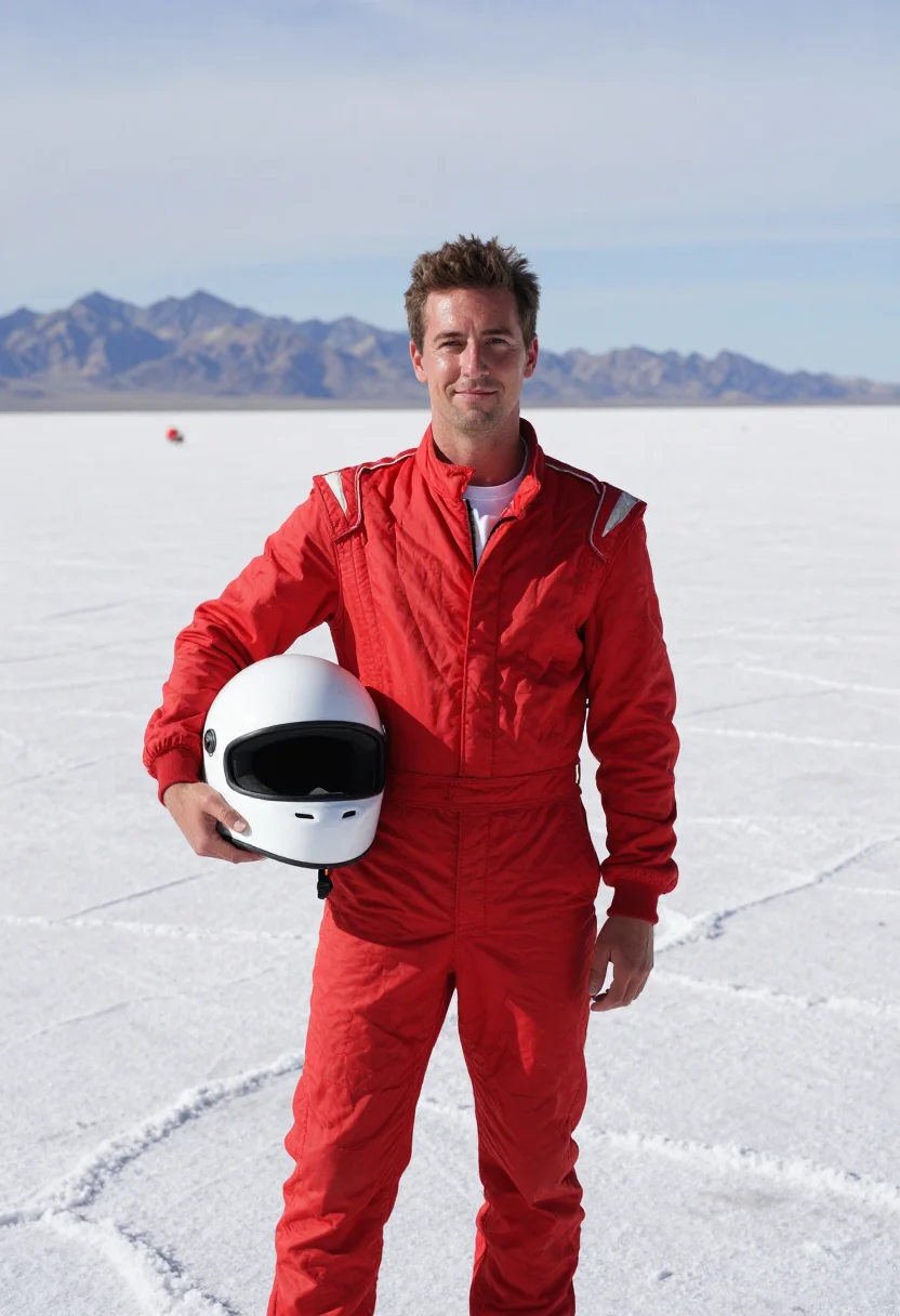 AI bonneville salt flats racer sample — portrait of a man, in his early forties, with fair sun-redde