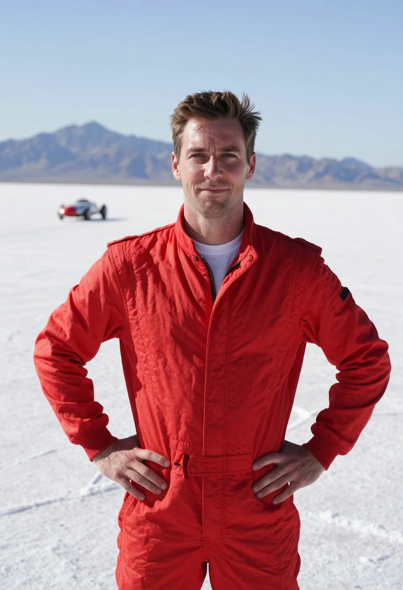AI bonneville salt flats racer sample — portrait of a man, in his early forties, with fair sun-redde