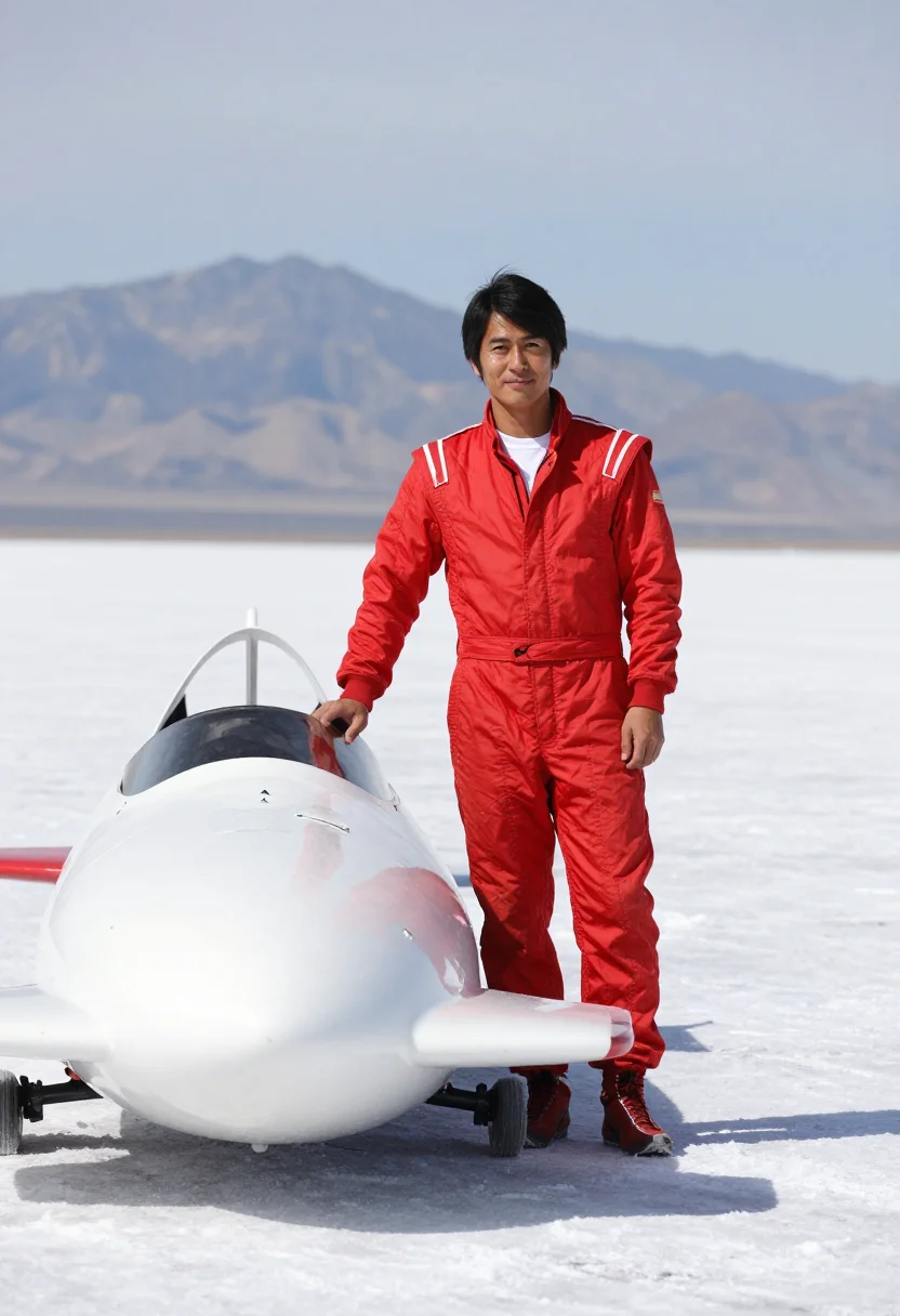 AI bonneville salt flats racer sample — portrait of a man, in his mid-thirties, Japanese-American, w