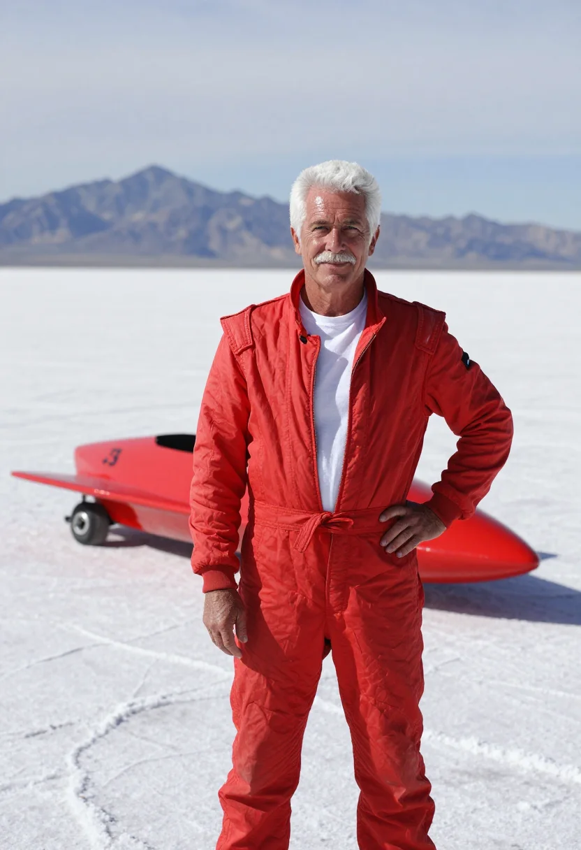 AI bonneville salt flats racer sample — portrait of a man, in his late fifties, with weathered tanne
