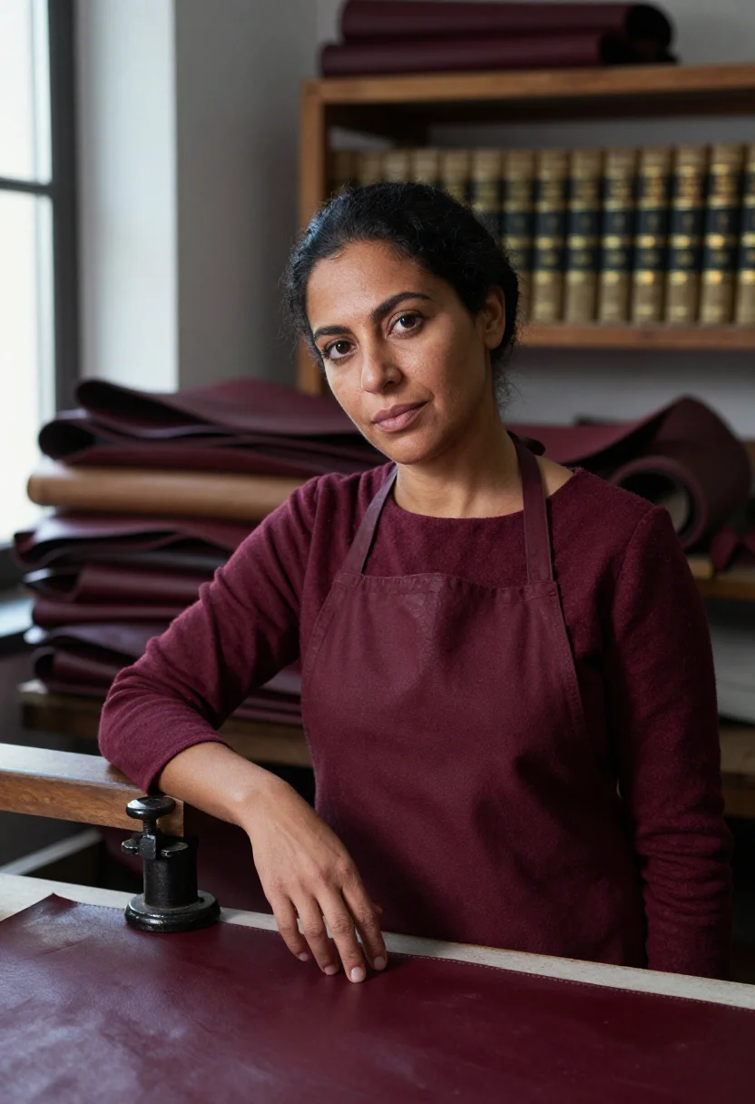 AI bookbinder october bordeaux sample — portrait of a woman, chest-up portrait of a North-African wo