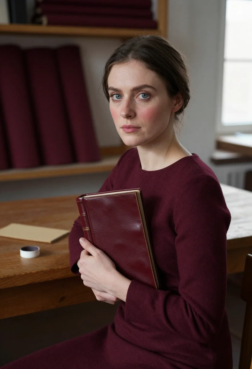 AI bookbinder october bordeaux sample — portrait of a woman, chest-up portrait of a Western-European
