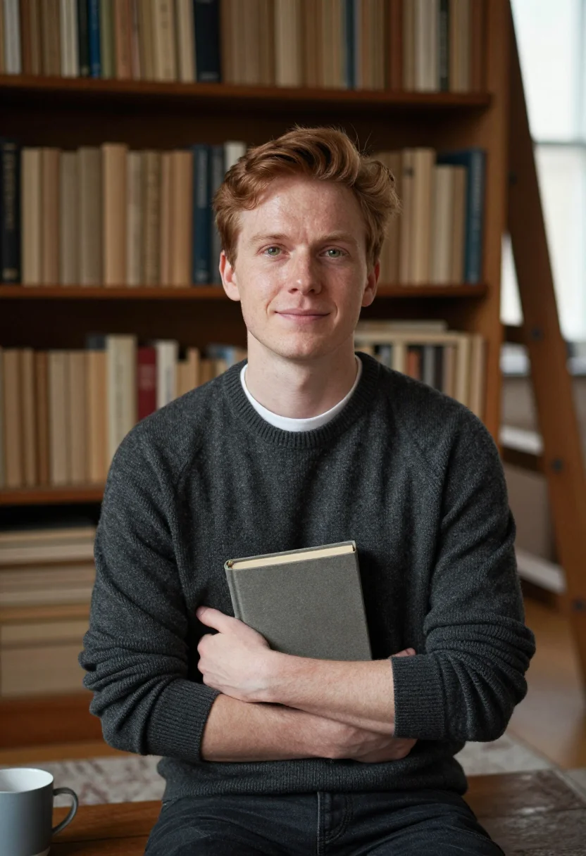 AI bookshelf wall sample — portrait of a man, tight chest-up portrait from straight in