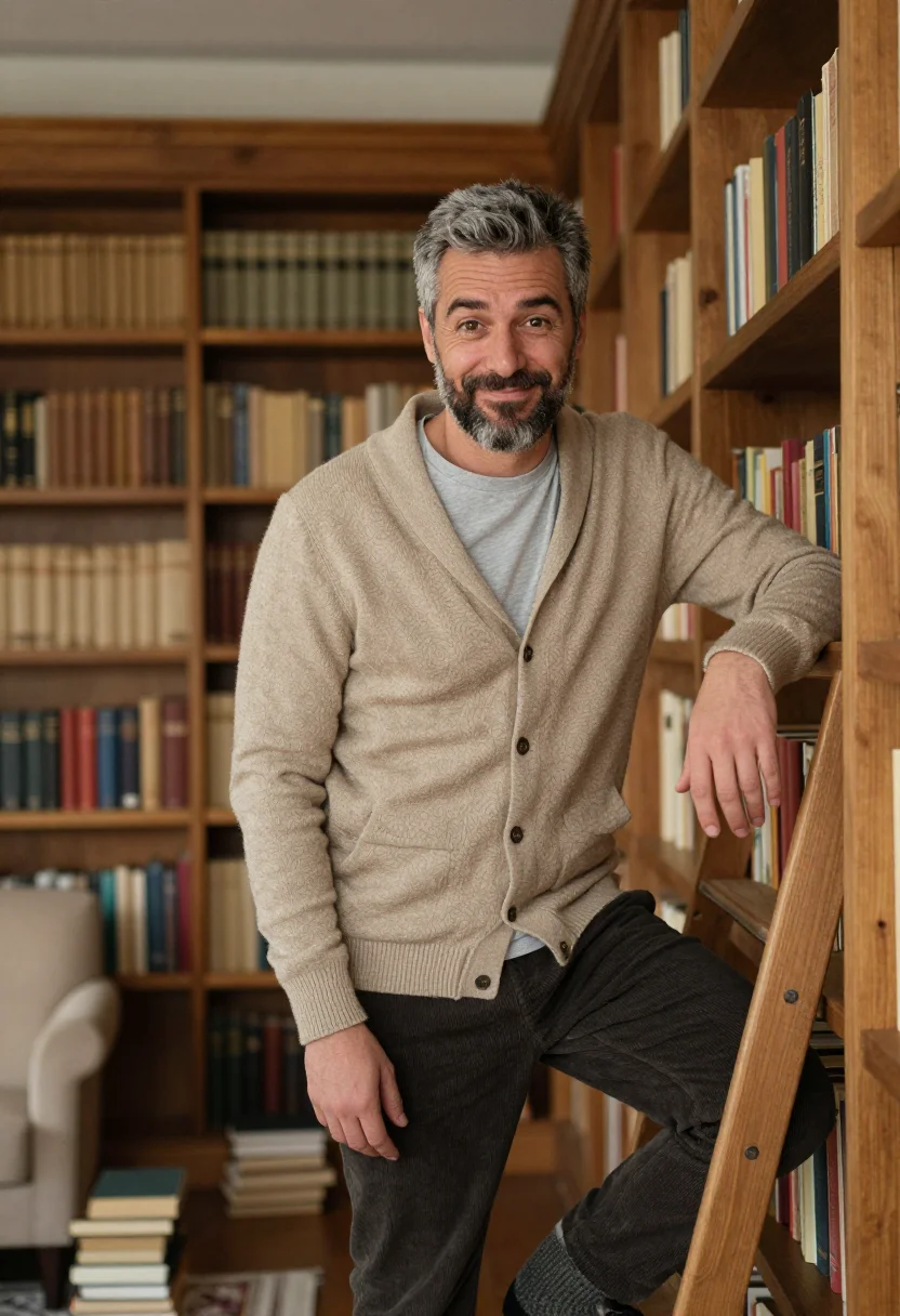 AI bookshelf wall sample — portrait of a man, tight chest-up portrait from camera-left