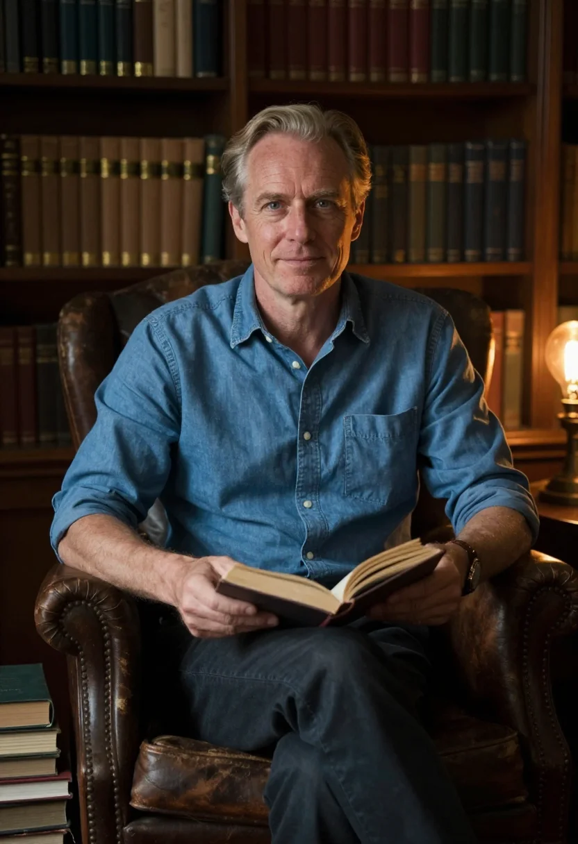 AI bookshelf wall sample — portrait of a man, chest-up portrait from close in front of