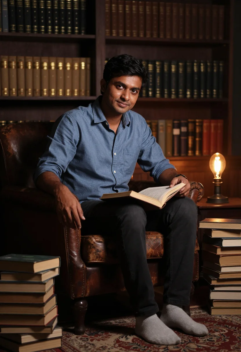 AI bookshelf wall sample — portrait of a man, three-quarter-length portrait from the fa