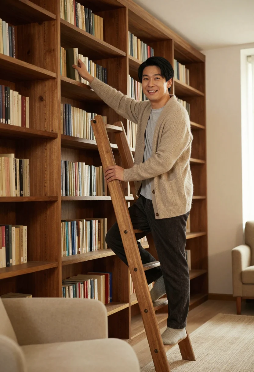 AI bookshelf wall sample — portrait of a man, wide full-length view from across the roo