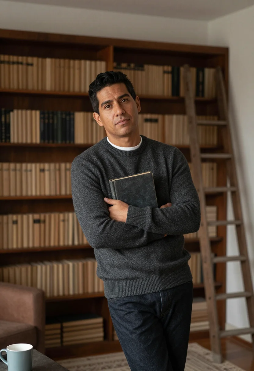 AI bookshelf wall sample — portrait of a man, wide three-quarter-length portrait from t
