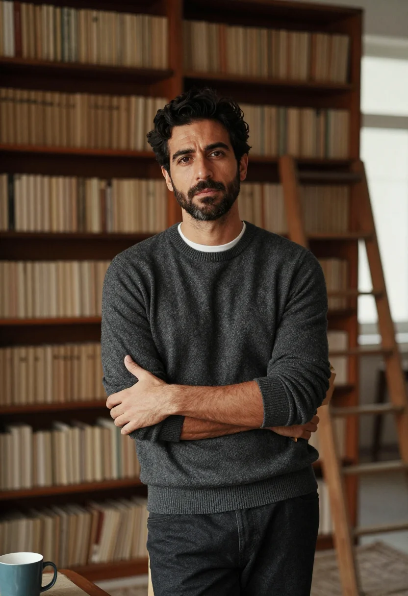 AI bookshelf wall sample — portrait of a man, half-length three-quarter portrait from t
