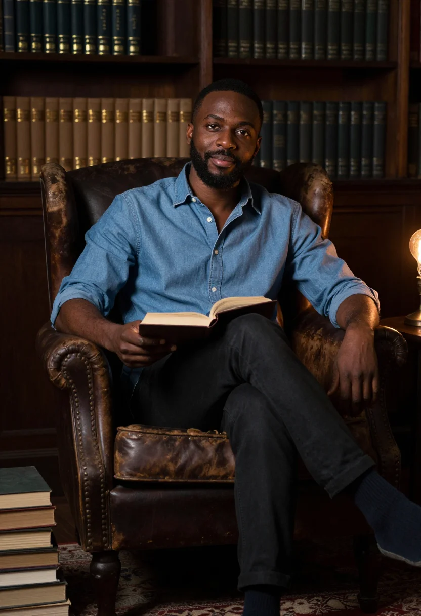 AI bookshelf wall sample — portrait of a man, half-length portrait from camera-right of