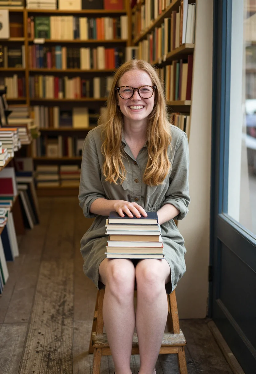 AI bookshop browse sample — portrait of a woman, full-length candid photograph of a West