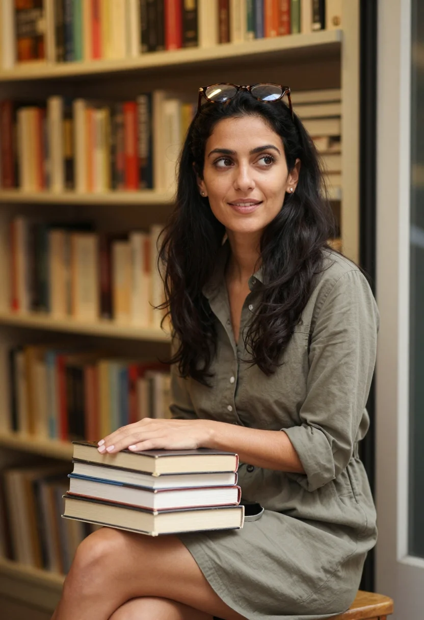 AI bookshop browse sample — portrait of a woman, chest-up candid photograph of a Mediter