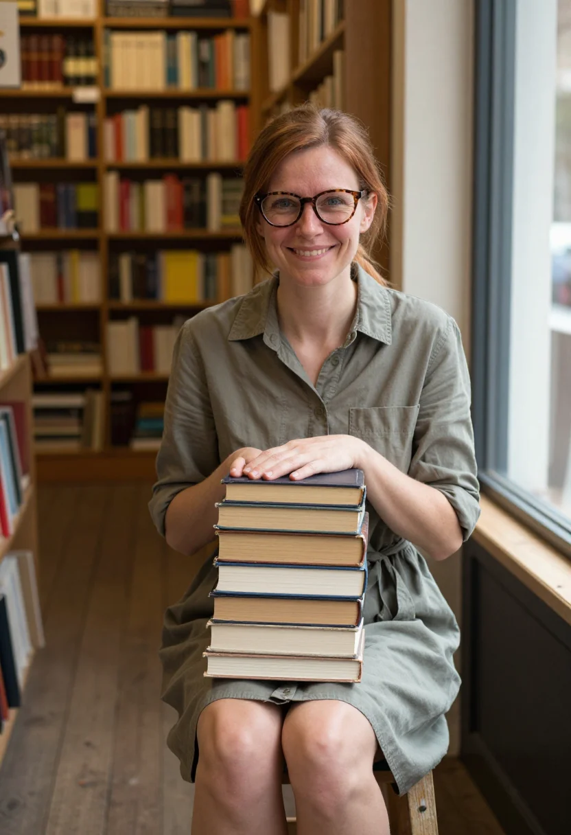 AI bookshop browse sample — portrait of a woman, half-length candid photograph of a West