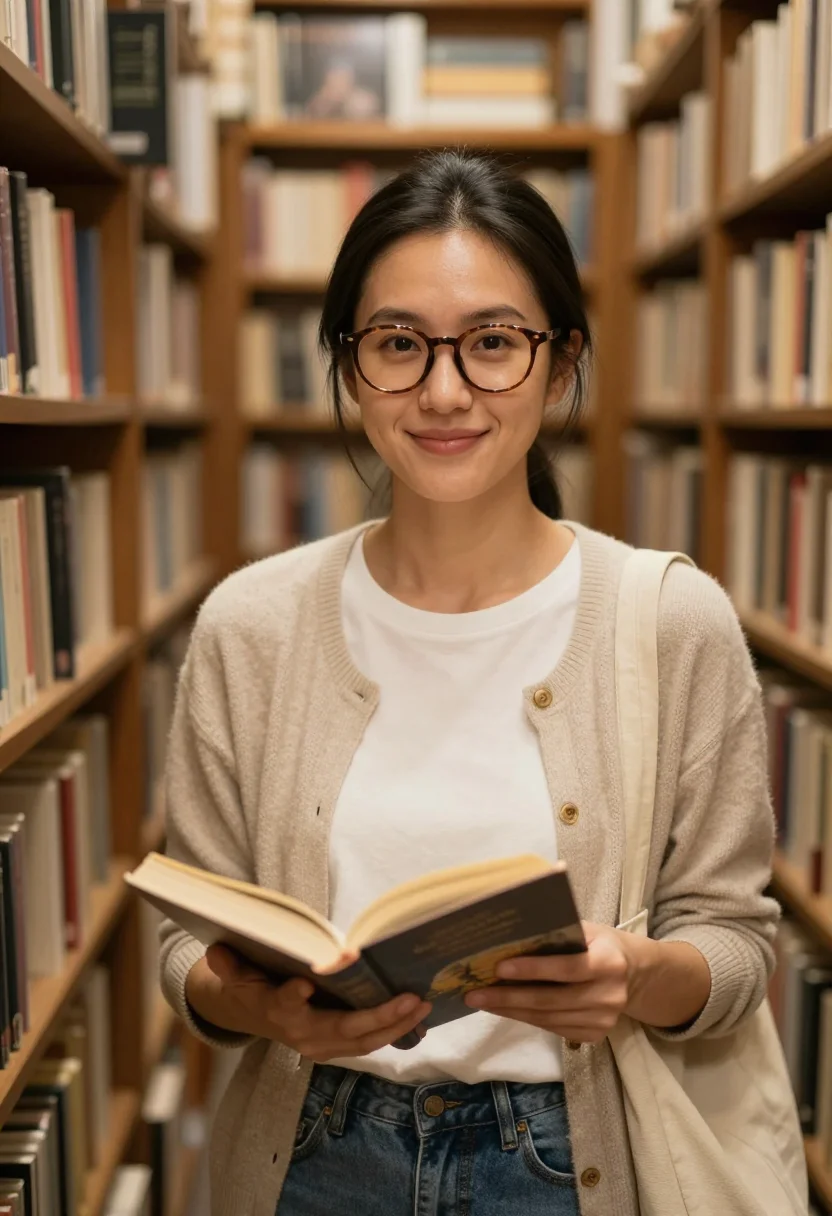 AI bookshop browse sample — portrait of a woman, chest-up candid photograph of an East-A