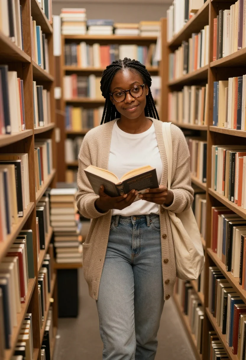 AI bookshop browse sample — portrait of a woman, full-length candid photograph of a Blac