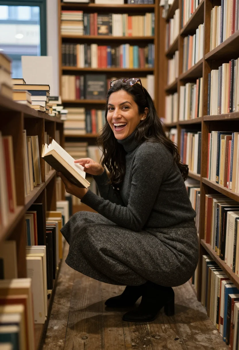 AI bookshop browse sample — portrait of a woman, full-length candid photograph of a Lati