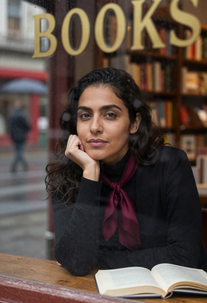 AI bookstore sample — portrait of a woman, close portrait of a Latina woman with g