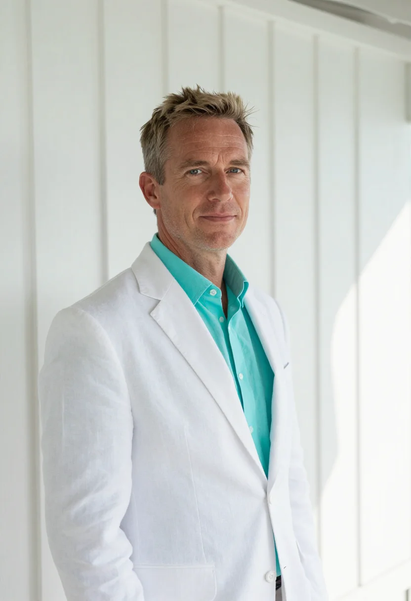 AI bora bora resort director lagoon turquoise white sample — portrait of a man, a resort director in his late forties wit