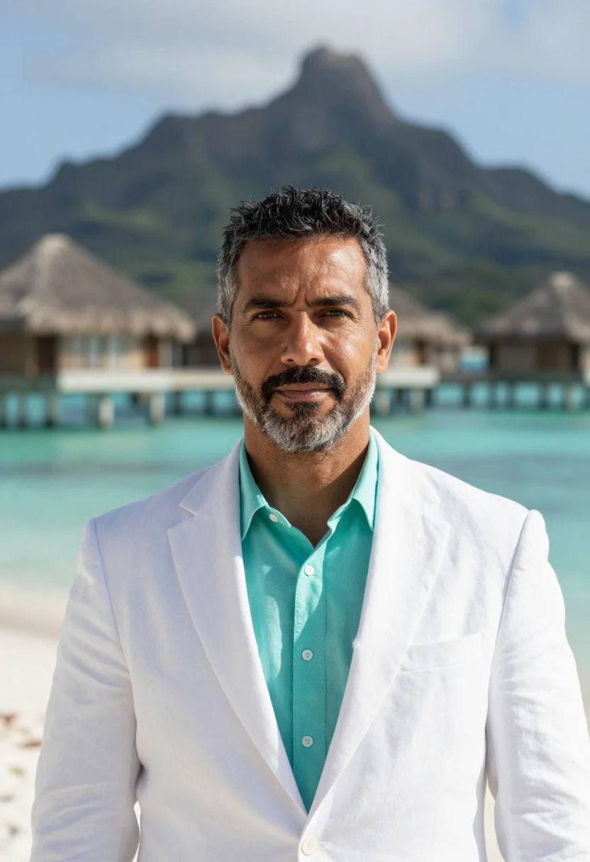 AI bora bora resort director lagoon turquoise white sample — portrait of a man, a resort director in his early forties wi