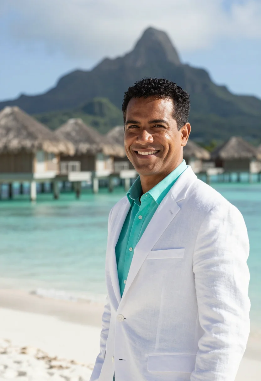 AI bora bora resort director lagoon turquoise white sample — portrait of a man, a resort director, a Tahitian man in his