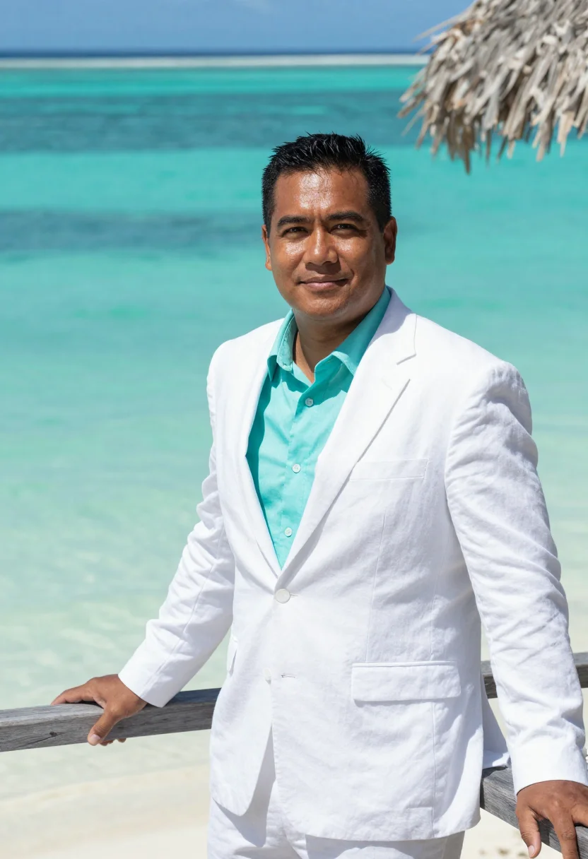 AI bora bora resort director lagoon turquoise white sample — portrait of a man, a resort director, a Polynesian man in hi