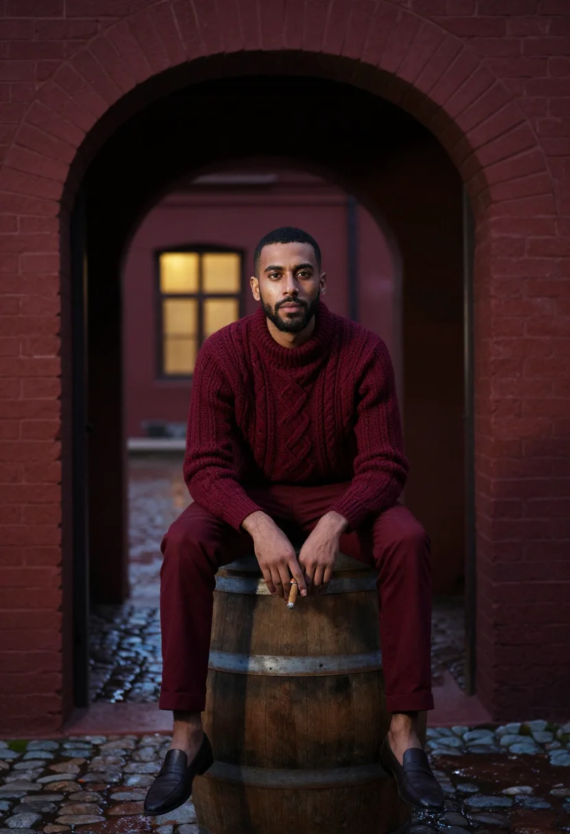 AI bordeaux chai sample — portrait of a man, a man in his early thirties with warm oli