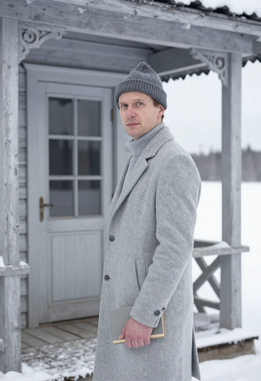 AI boris pasternak peredelkino january birch sample — portrait of a man, framed chest-up, cropped at the ribs, the
