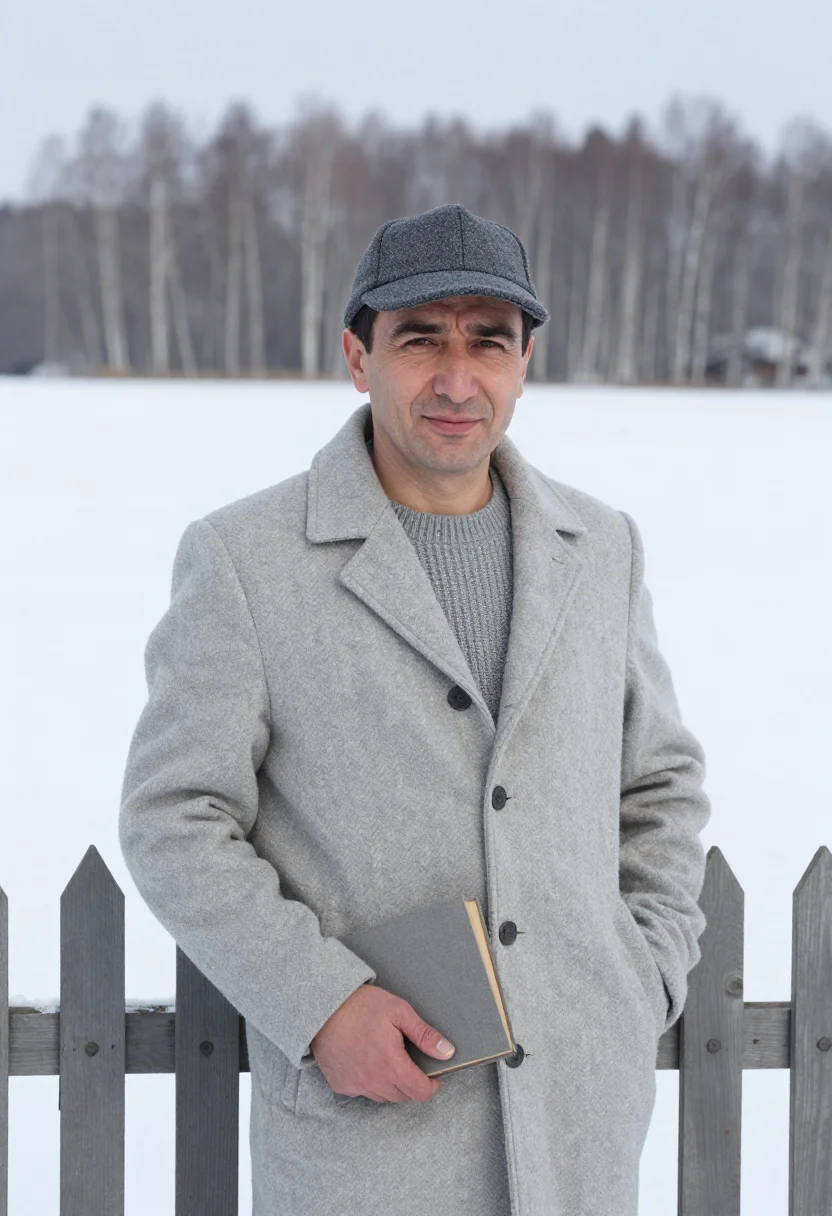 AI boris pasternak peredelkino january birch sample — portrait of a man, framed chest-up, cropped at the ribs, the
