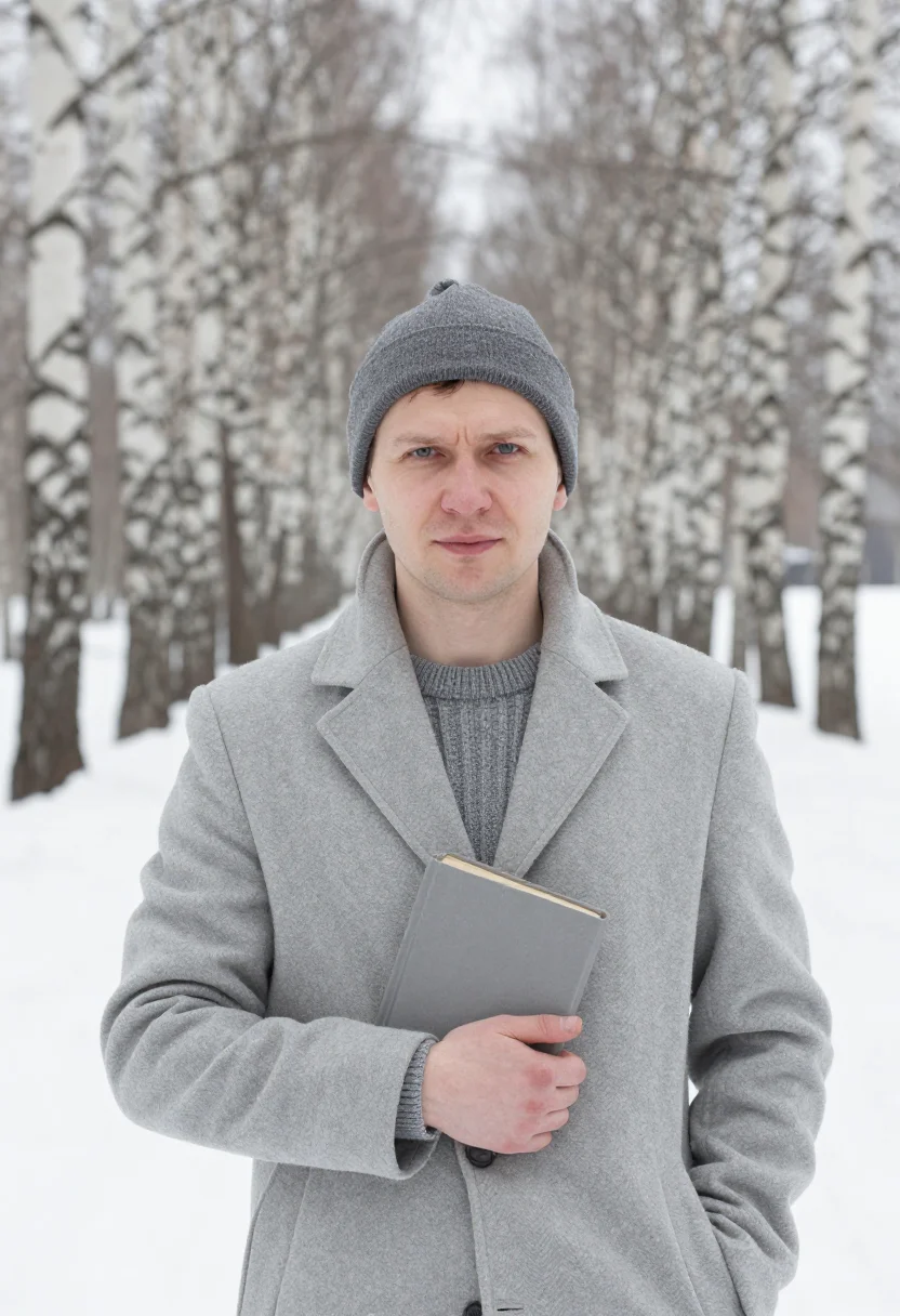 AI boris pasternak peredelkino january birch sample — portrait of a man, framed chest-up, cropped at the ribs, the
