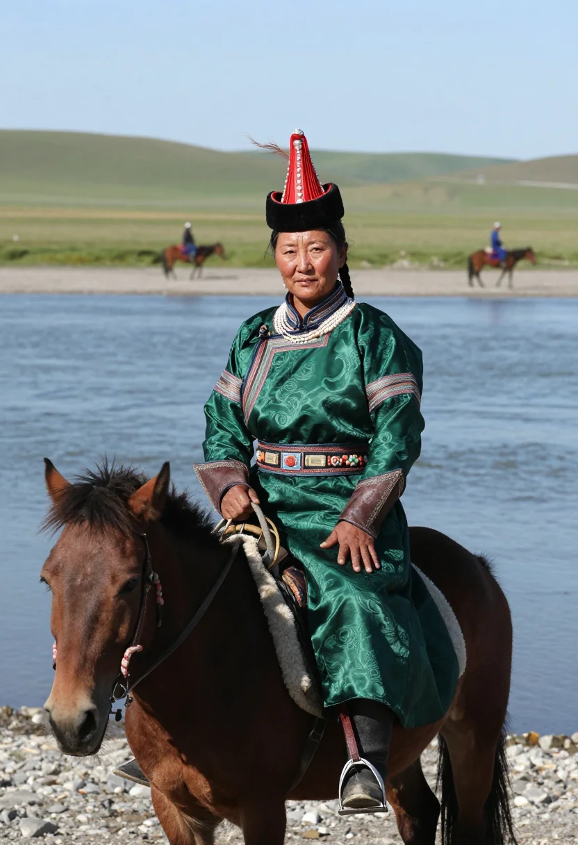 AI borte khatun sample — portrait of a woman, thighs-up mounted portrait of a Mongoli