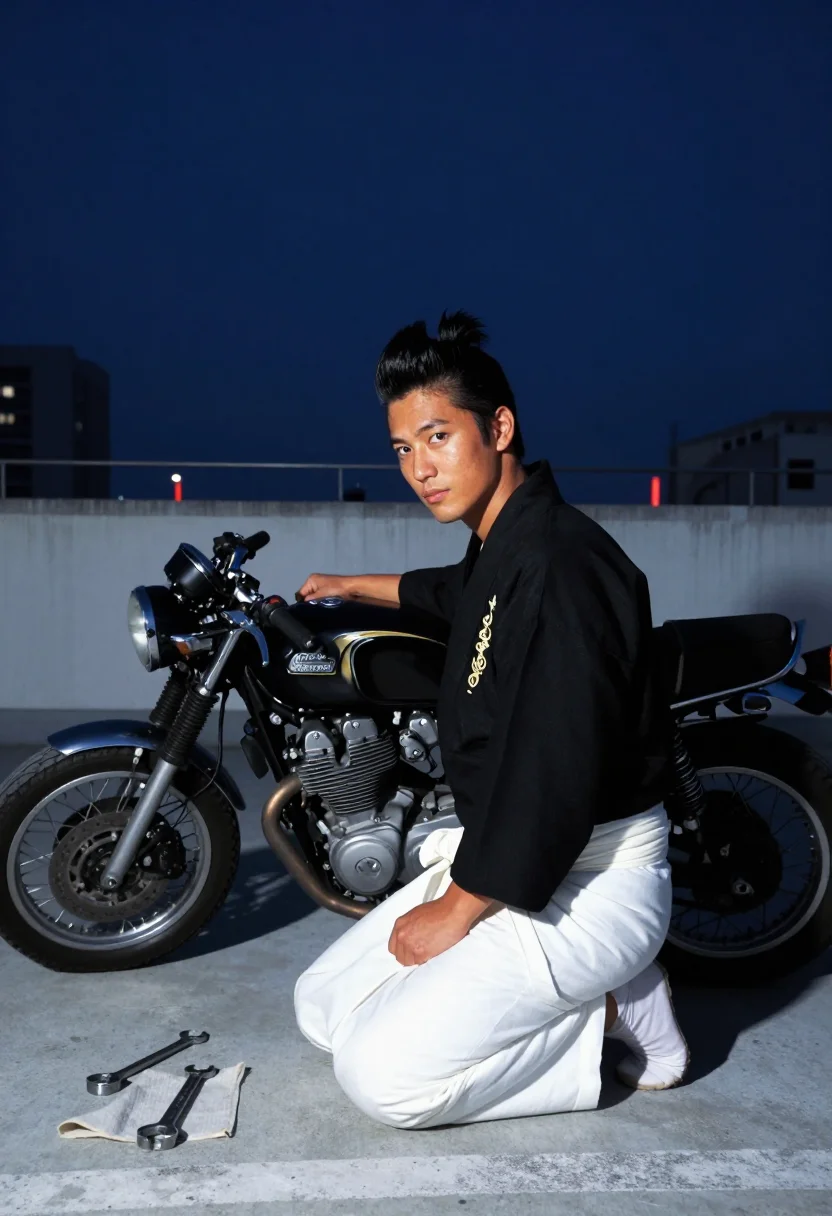 AI bosozoku sample — portrait of a man, a Japanese man in his early twenties with
