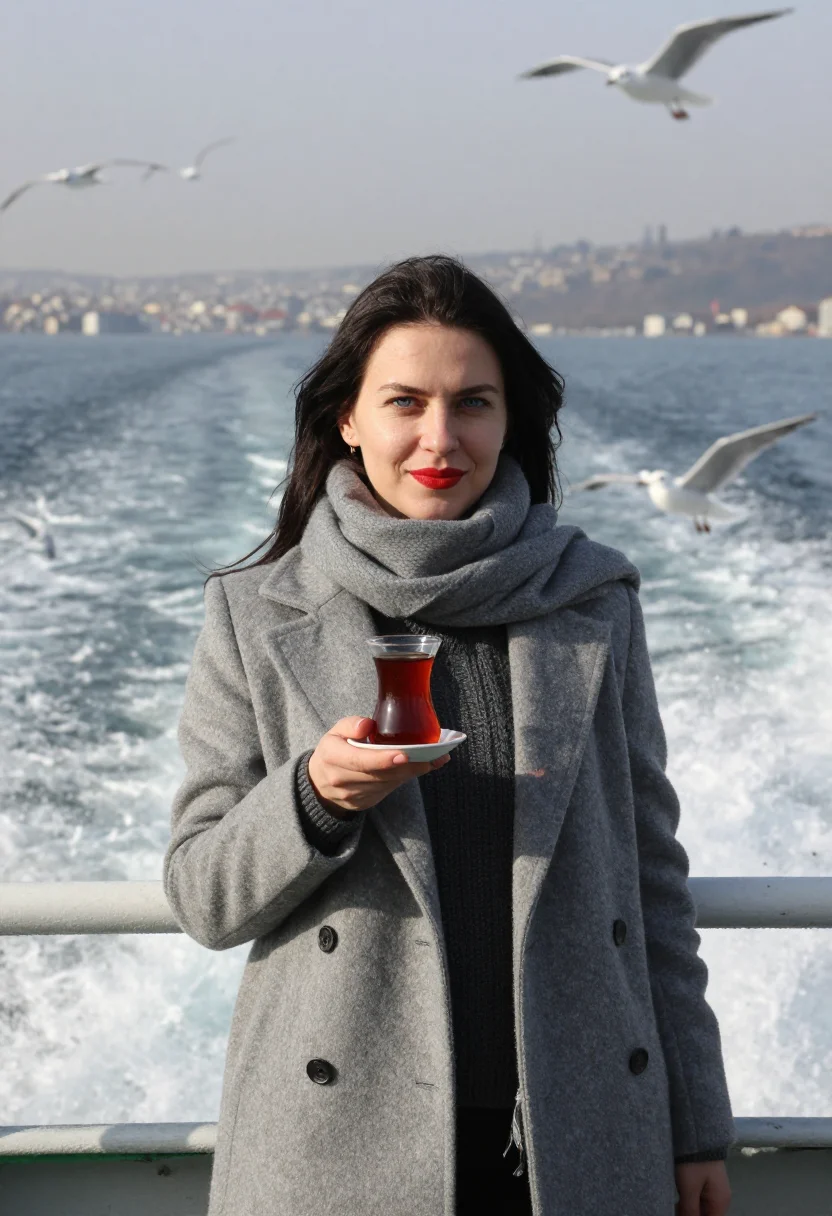 AI bosphorus ferry tea glass red sample — portrait of a woman, framed chest-up with the crop at the ri