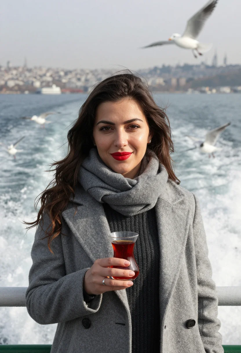AI bosphorus ferry tea glass red sample — portrait of a woman, framed tight, head and shoulders, the b