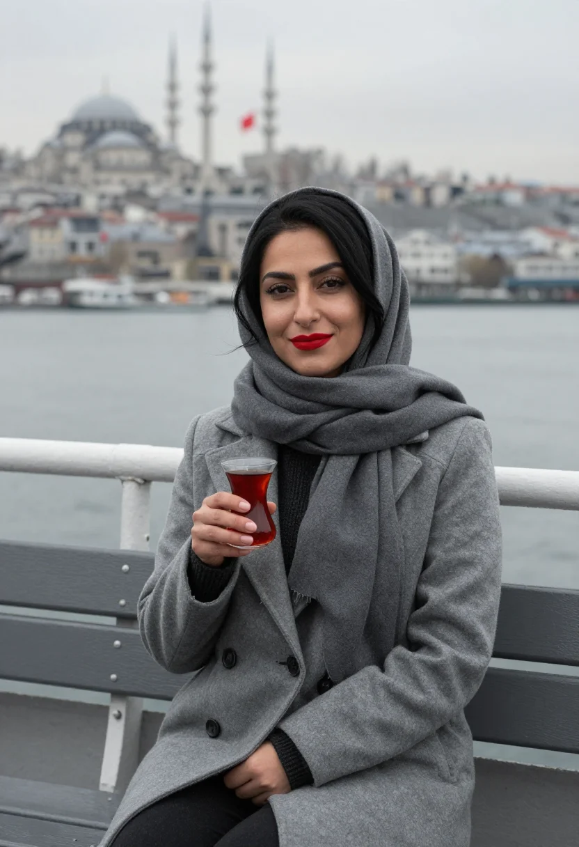 AI bosphorus ferry tea glass red sample — portrait of a woman, framed chest-up with the crop at the ri