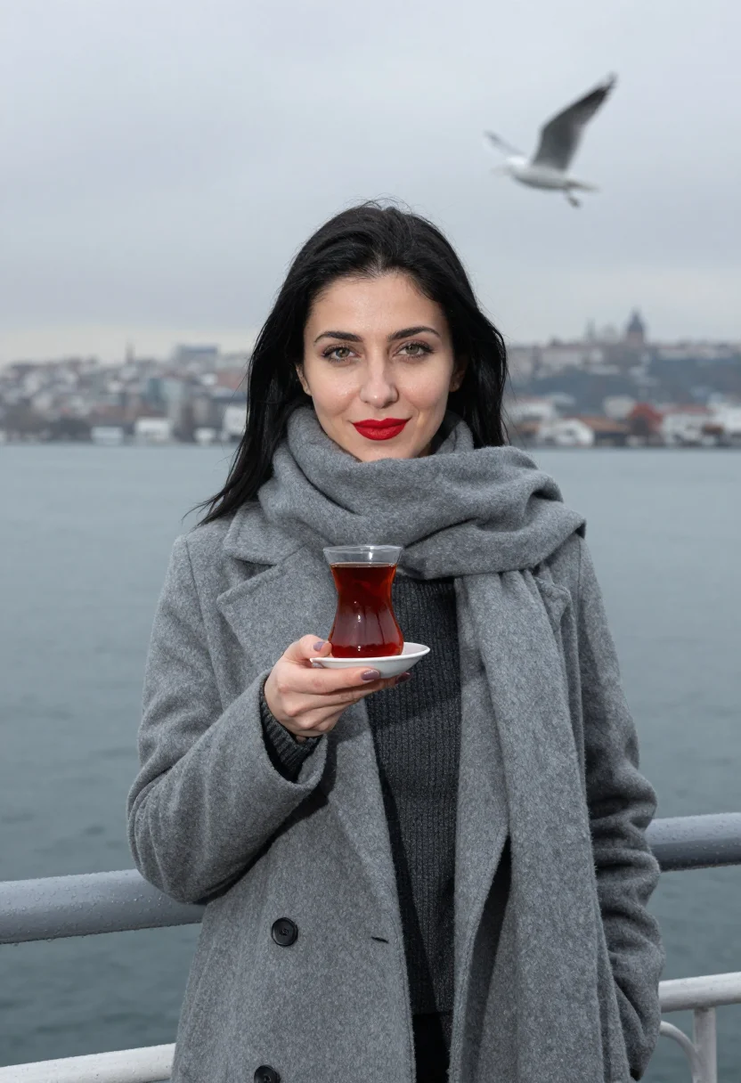 AI bosphorus ferry tea glass red sample — portrait of a woman, framed chest-up with the crop at the ri