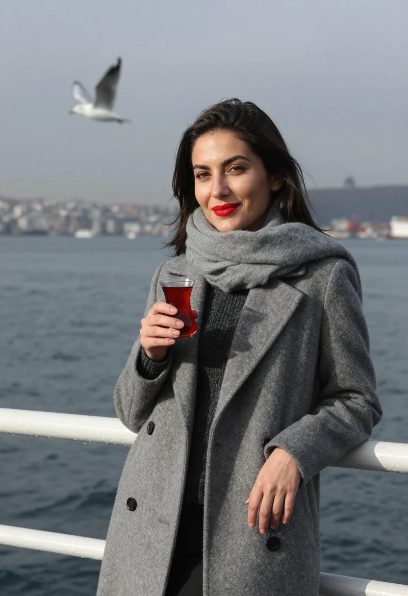 AI bosphorus ferry tea glass red sample — portrait of a woman, framed half-length from the head to the