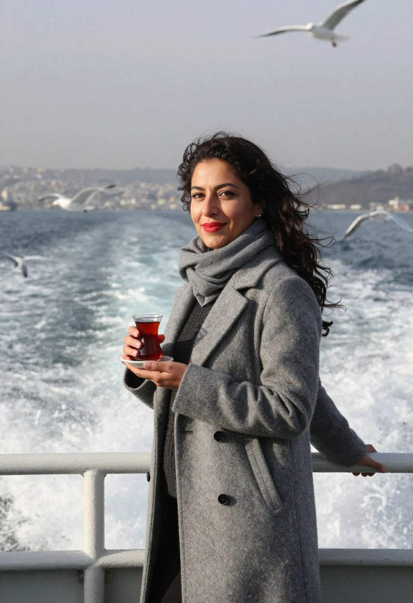 AI bosphorus ferry tea glass red sample — portrait of a woman, framed half-length from the head to the