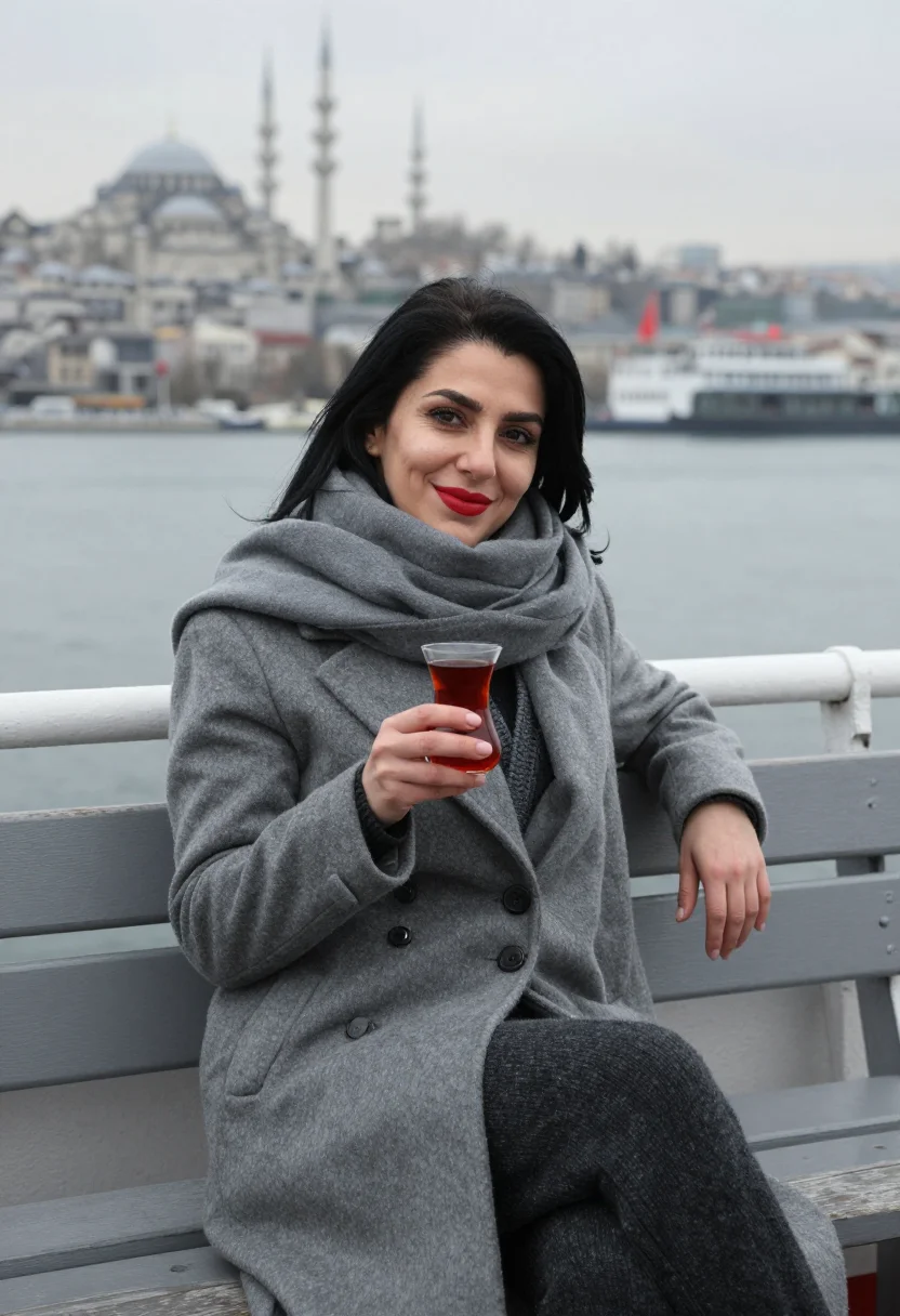 AI bosphorus ferry tea glass red sample — portrait of a woman, framed half-length from the head to the