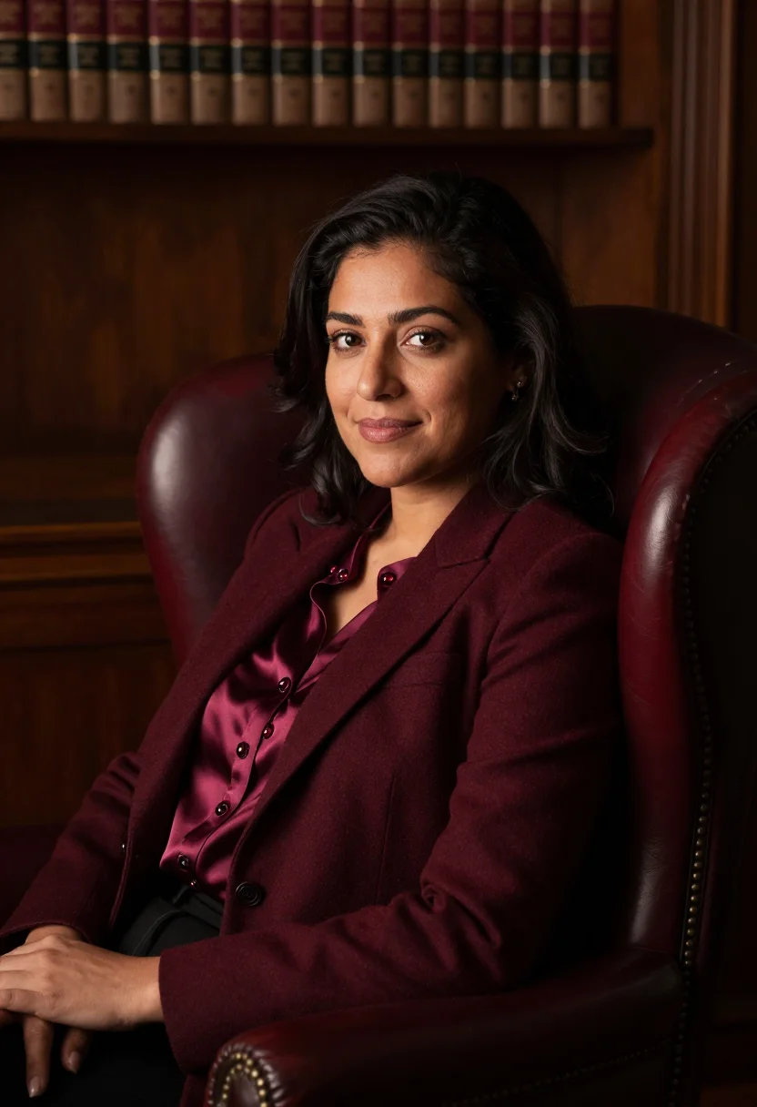 AI boston brownstone lawyer burgundy sample — portrait of a woman, chest-up portrait of a Latina woman in
